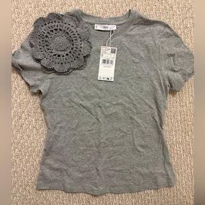 Mango Heather Gray Short Sleeve Crochet flower top